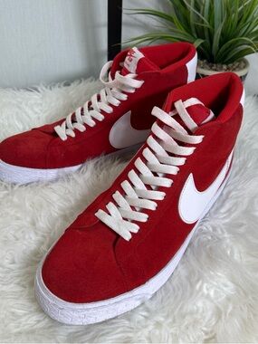 Nike Red Suede High-Top Sneakers with White Swoosh and Laces